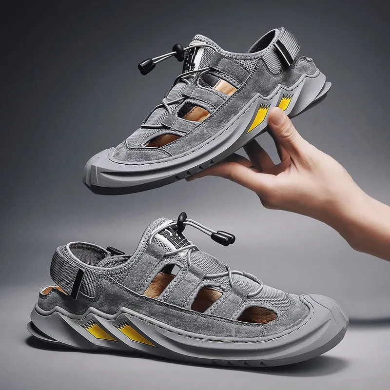 Summer Genuine Leather Mens Sandals Non-slip Outdoor Men Hiking Shoes Breathable Men Casual Shoes Roman Slippers Plus Size 38-48