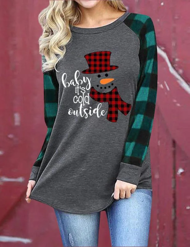 Baby It's Cold Outside Snowman Buffalo Plaid Blouse