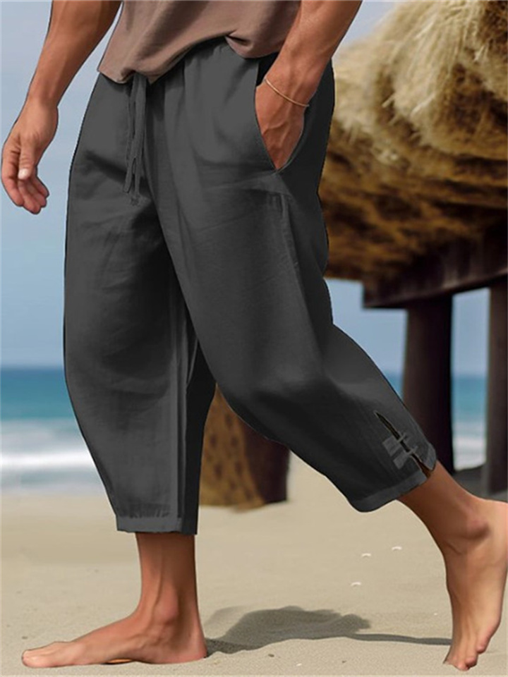 Men's Linen Summer Pants Beach Pants Solid Color Leg Openings Casual Vacation Pants
