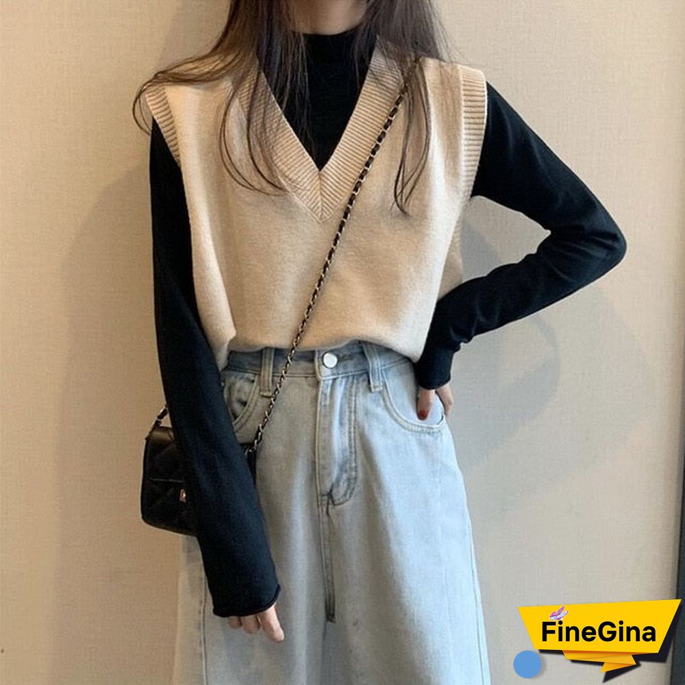 Sweater Vest Women Solid Autumn Winter All-match Leisure Outerwear Knitted V-Neck