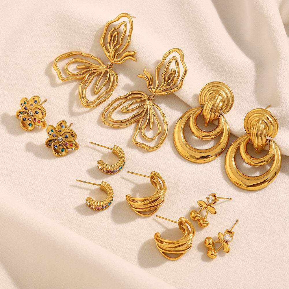 Exaggerated Stainless Steel 18K Gold Plated Flower Cherry Line Double Ring Stitching Earrings For Women