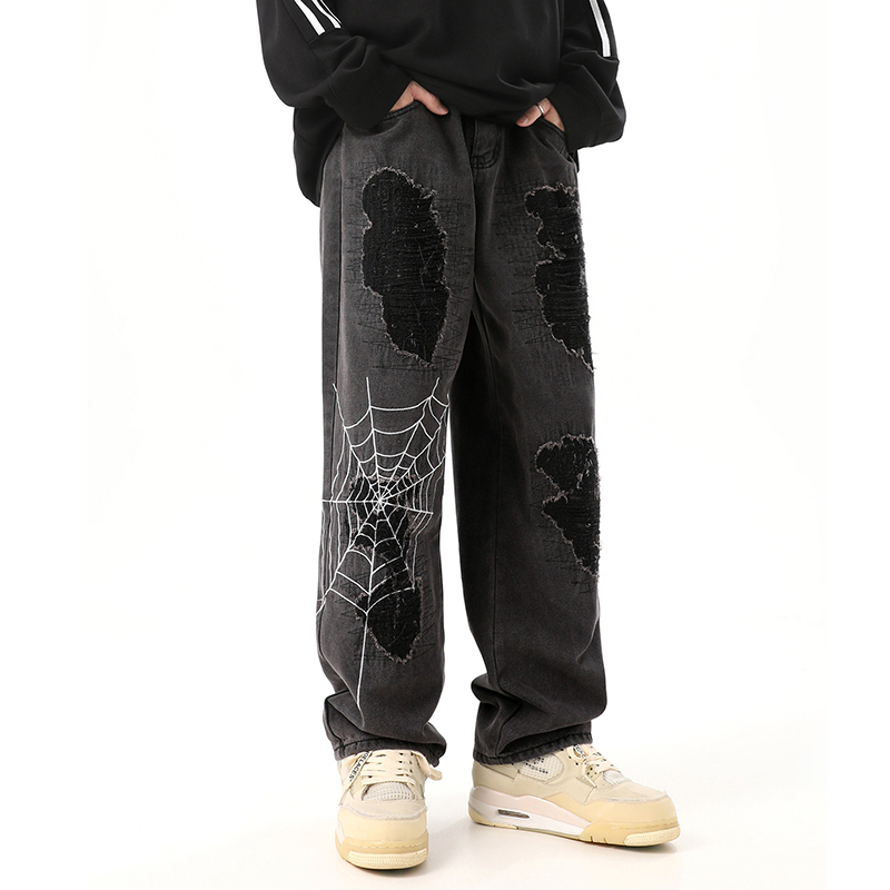 Sopula Vintage Street Spider Web Embroidery Ripped Patch Jeans