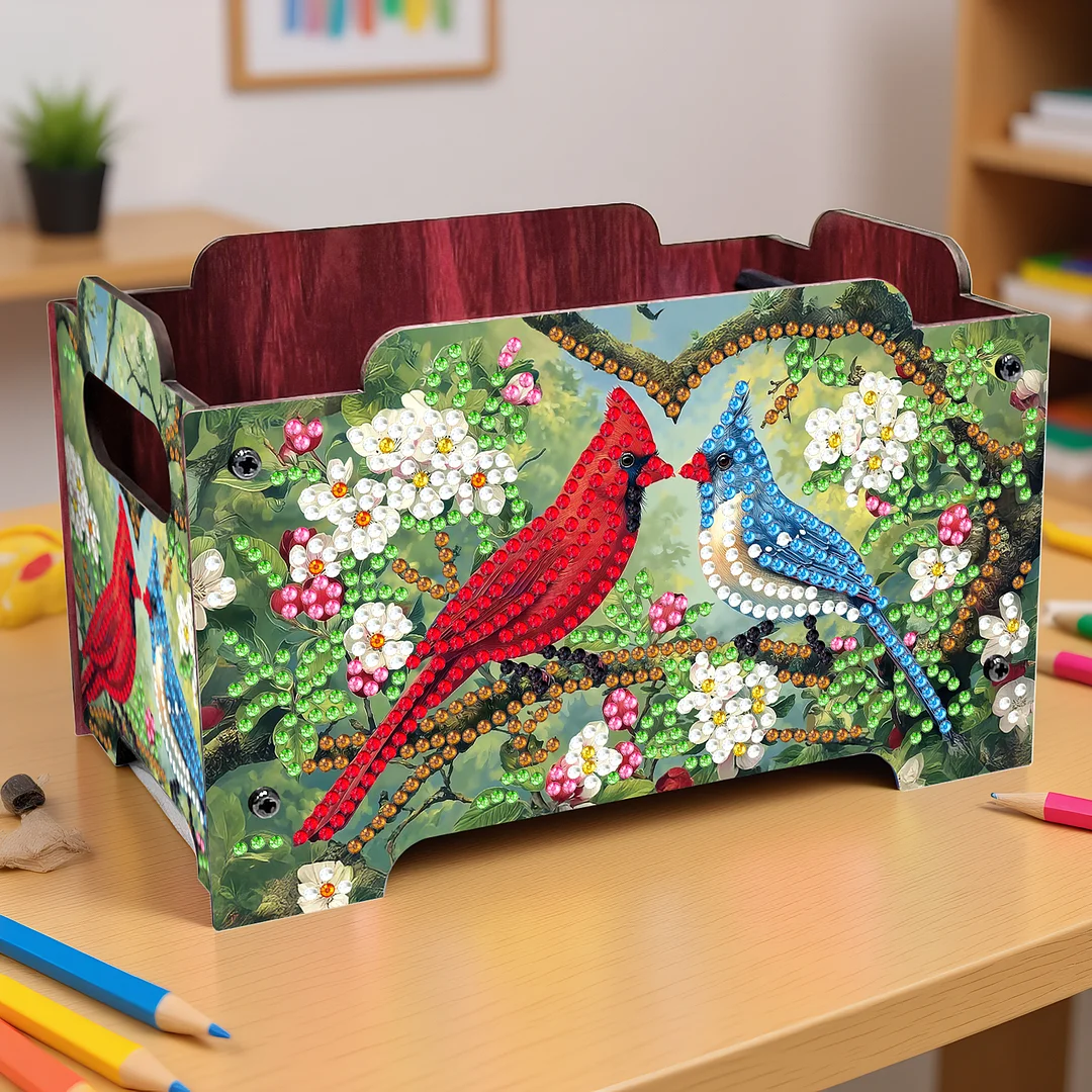 5D DIY Diamond Painting Decorative Storage Box Wood Storage Clutch (Cardinal)