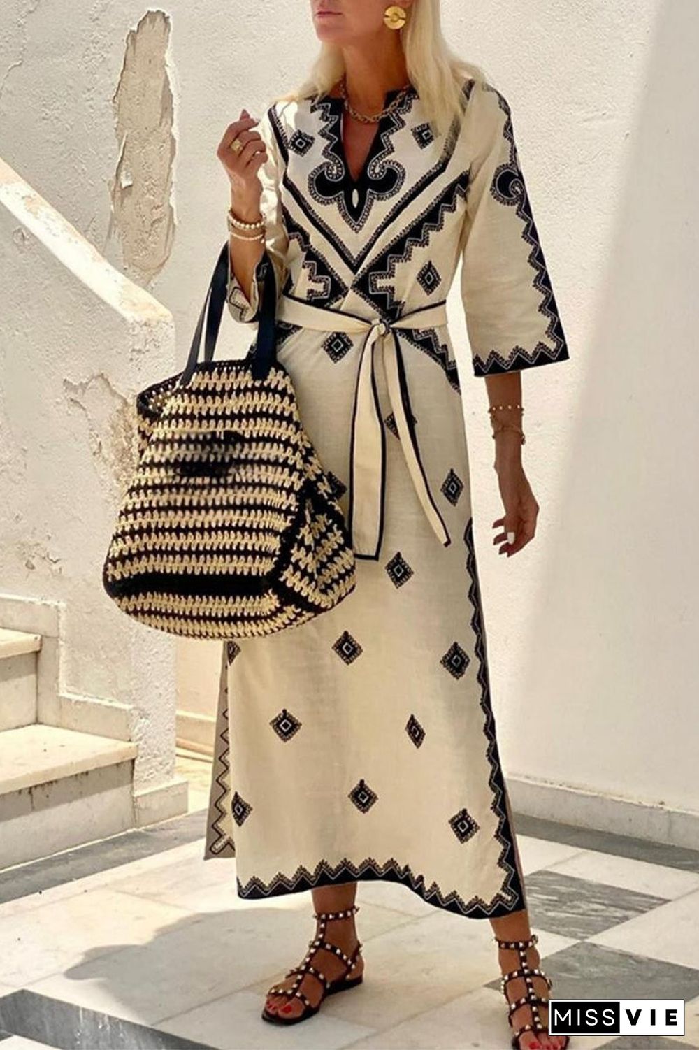 Bohemian Elegant Geometric Print With Belt V Neck A Line Dresses