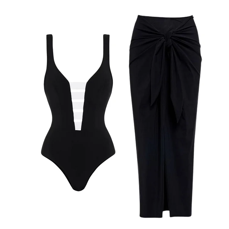 Cutout Color Block One Piece Swimsuit and Skirt