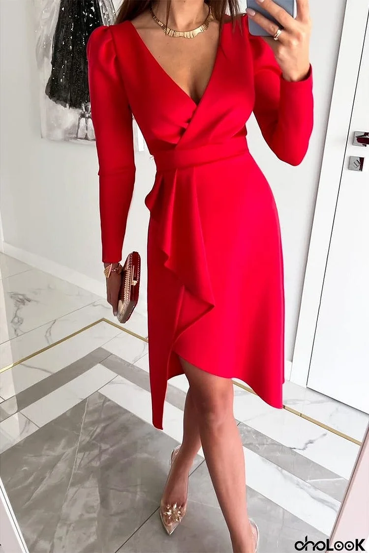 Sweet Elegant Zipper V Neck Irregular Dress Dresses