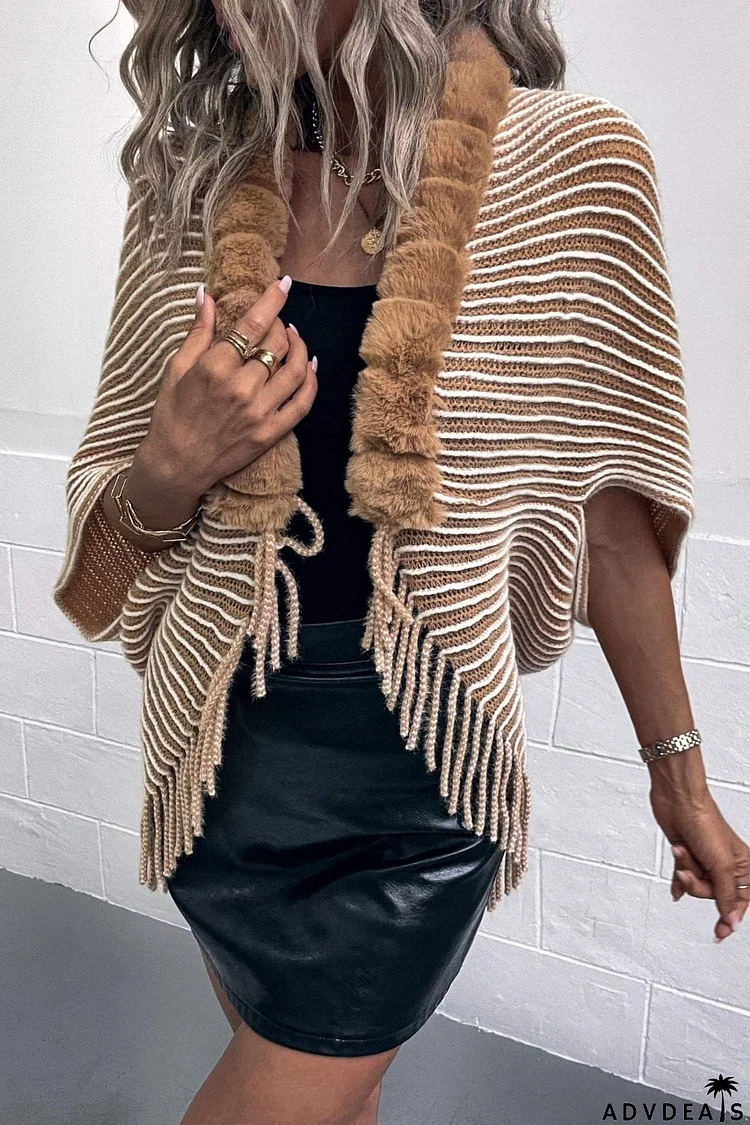 Striped Open Front Fringe Poncho