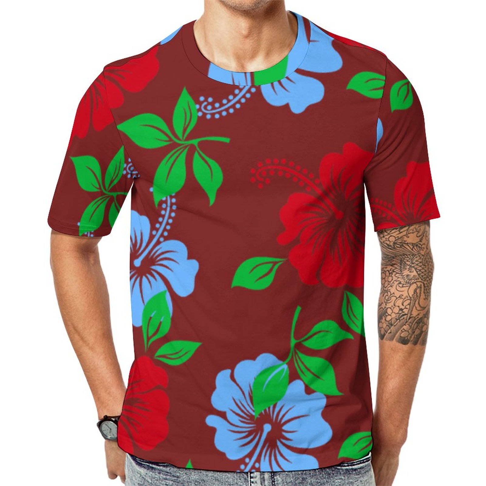 Elegant Blue And Red Tropical Floral Short Sleeve Print Unisex Tshirt Summer Casual Tees for Men and Women Coolcoshirts