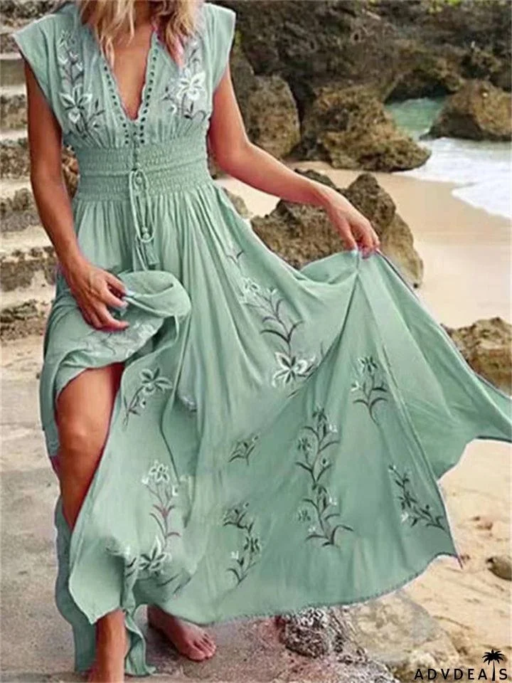 Women's Bohemian V Neck Chiffon Flowy Vacation Dress