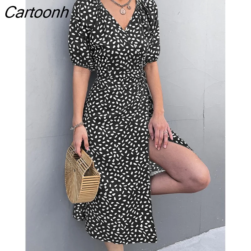 Cartoonh Chiffon Dress Women Puff Sleeve V Neck Side Wrap Midi Dress Fashion Casual Boho A-line Split Dress Beach Sundress Vestido