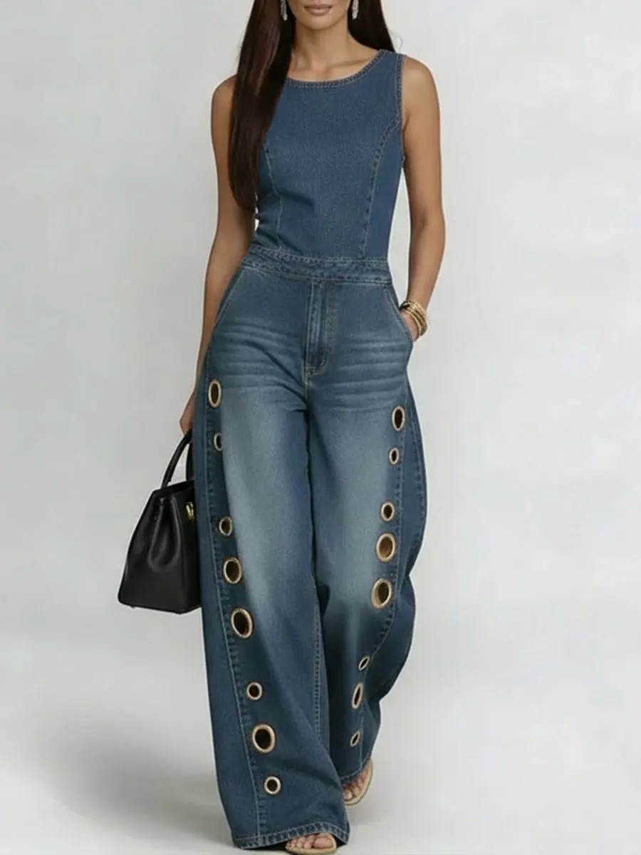 Women's Grommet Detail Wide-Leg Jumpsuit - Bold High-Waisted Sleeveless Streetwear One-Piece