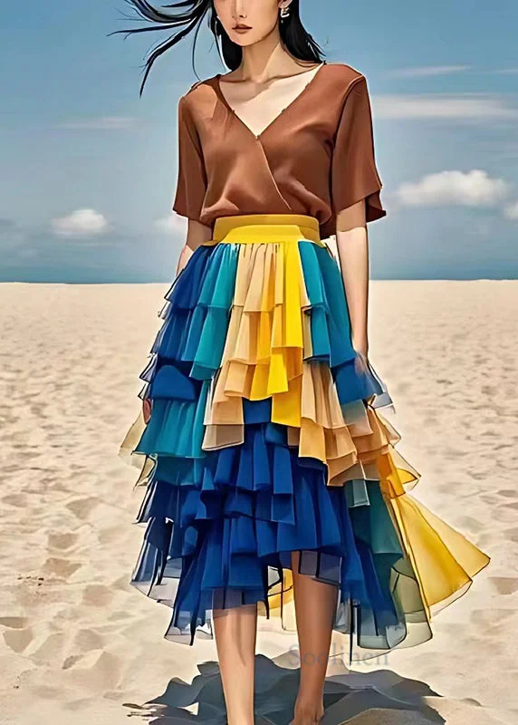 Fine Blue Layered Patchwork Tulle Chiffon Pleated Skirts Summer(Ships in 20 Days)