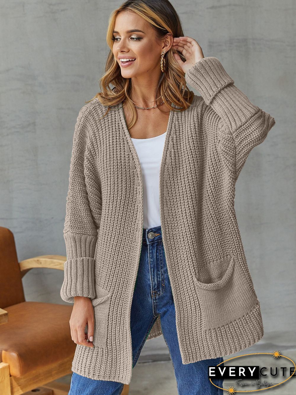 Casual Pockets Plain Loose Sweater Cardigan Coat