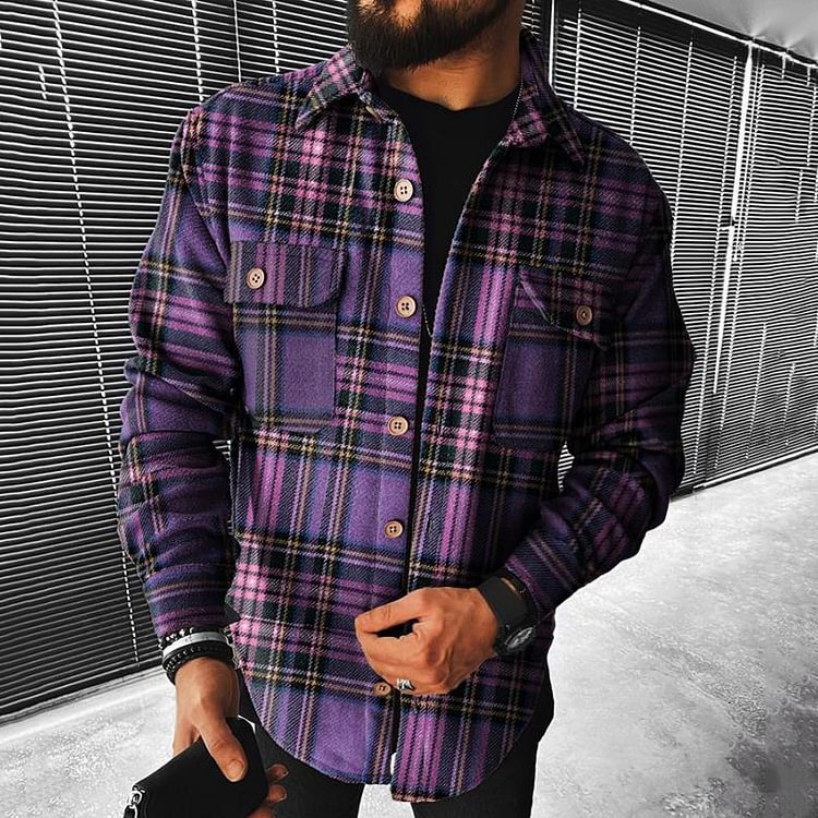 BrosWear Fashion Men's Plaid Print Multi-Pocket Long Sleeve Shirt Purple