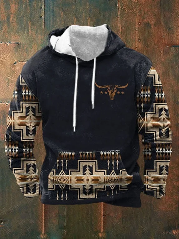 Men's Casual Western Print Long Sleeve Hooded Sweatshirt