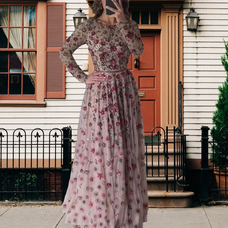 Brownm Brownm Sexy Slimming Long Sleeves Long-Sleeved Three-Dimensional Flower Dress In The Summer Of 2025