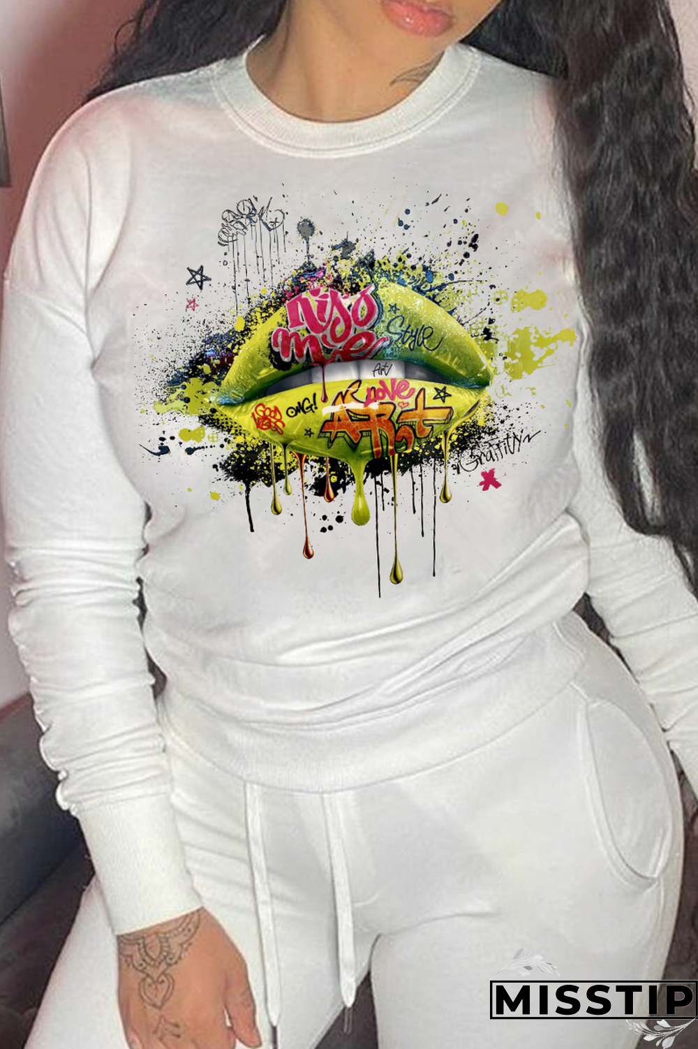 White Daily Lips Printed Patchwork O Neck Tops