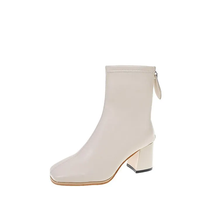 Yyvonne 2025 New Thick And High-Heeling Single-Sley Female British Wind Side Behind The Zipper Black Simple 44 Size Short Boots