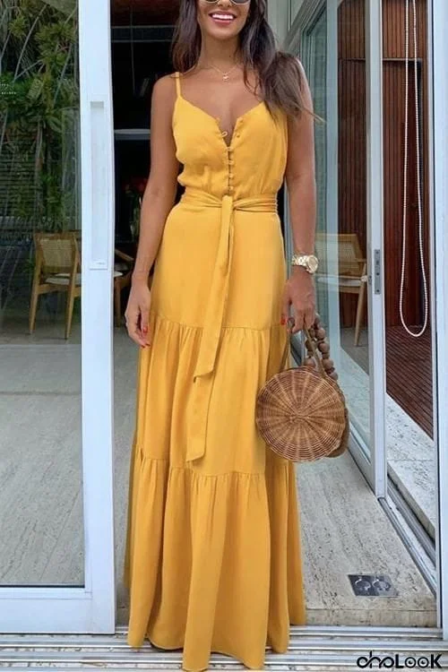 Button Belted Slip Maxi Dress