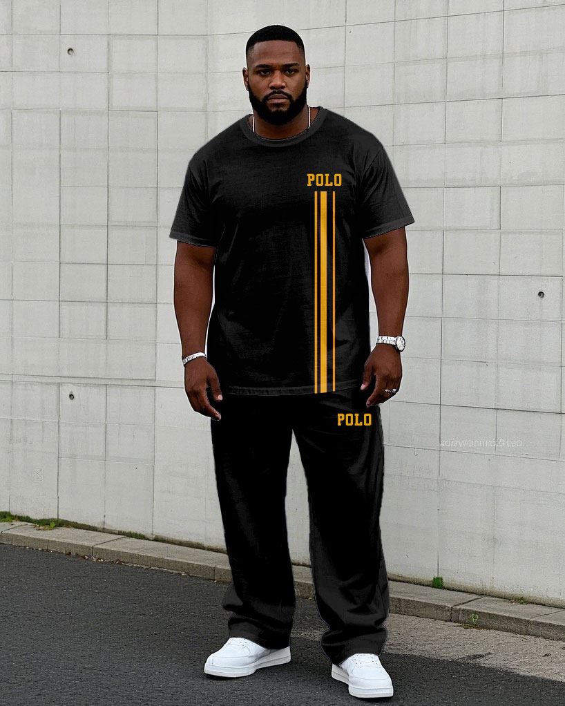 Men's Plus Size Black Slim-fit Chest Small Label Printed Short-sleeved T-shirt Trousers Suit