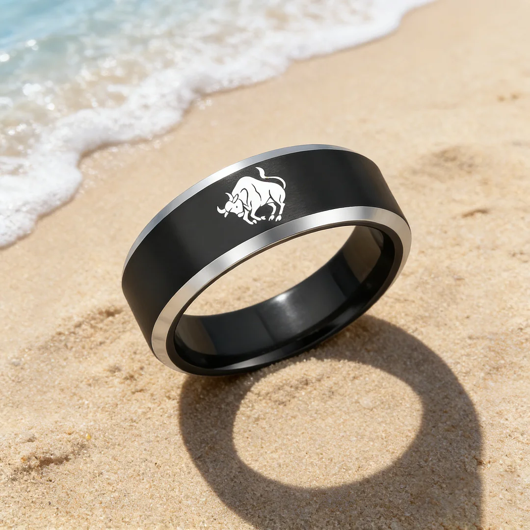 Mens Womens Black Taurus Tungsten Carbide Rings Black Edges and Laser Etched Wedding Bands Comfort Fit 4MM 6MM 8MM Width