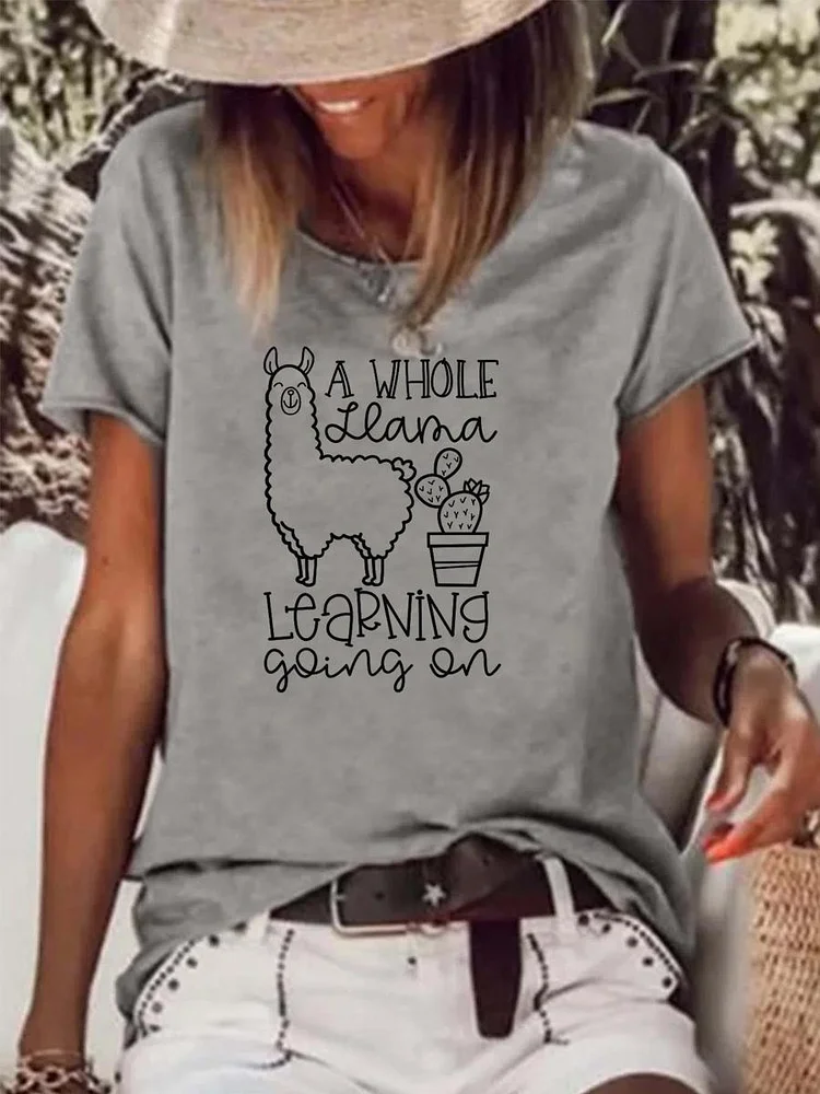 A Whole Llama Learning Going On Teacher Raw Hem Tee