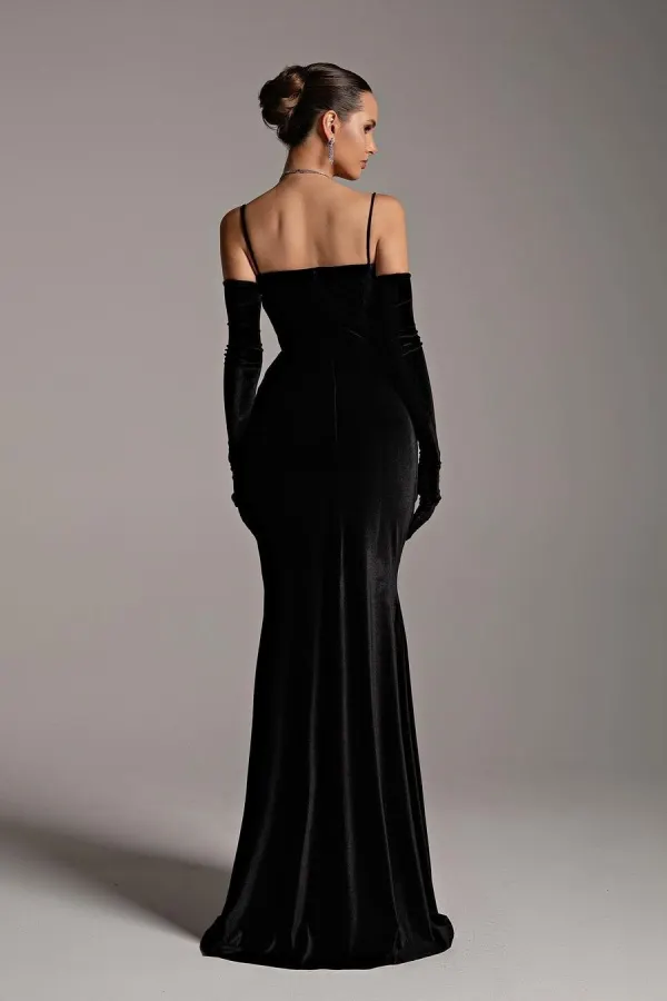 Chic Stain Black Strapless Classic Split Prom Dress with Gloves main image 1