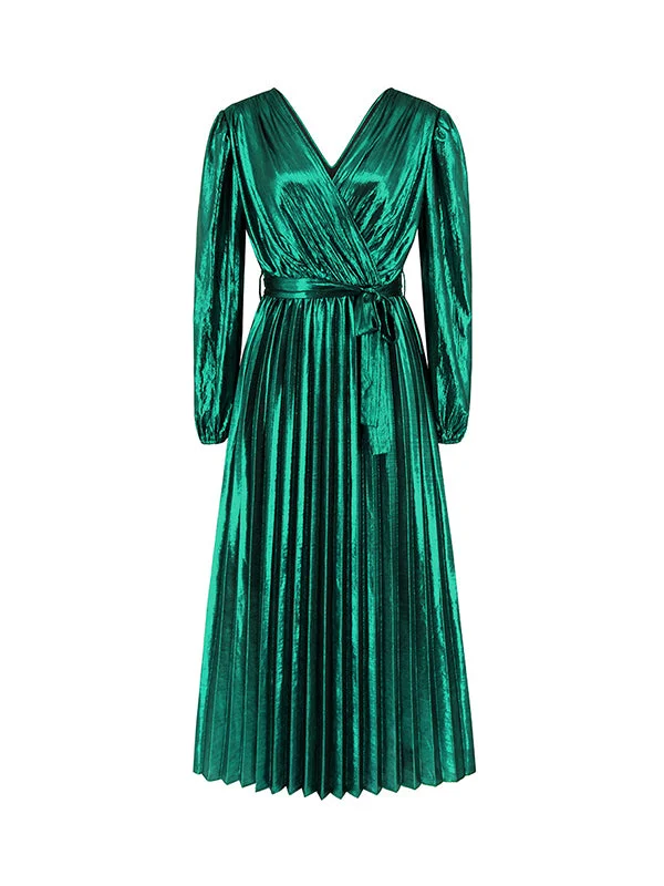 Bronzing Elasticity Pleated Solid Color Tied Waist High Waisted Long Sleeves Deep V-Neck Maxi Dresses