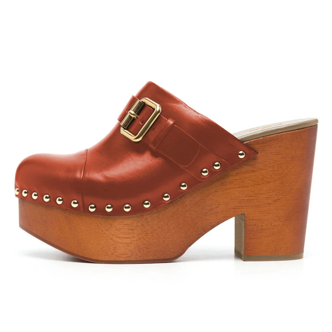 Orange Studded Buckle Strap Round Toe Platform Mules with Block Heel