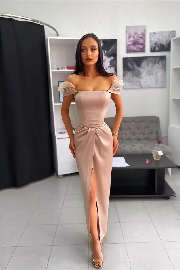 Lvs&Broner Off-the-shoulder Slit Ankle Long Mermaid Prom Dress With Chic Wrinkle