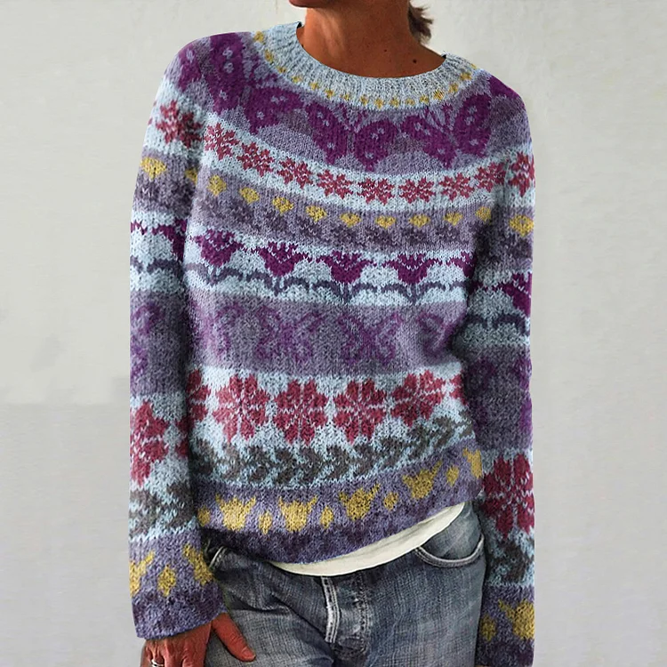 Utbros Women's Fairman Island Floral Jacquard Sweater