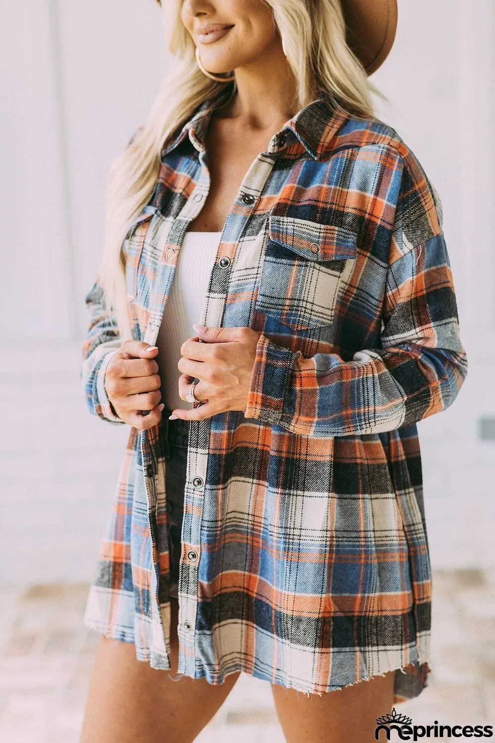 color Plaid Button Down Ruffled Shirt Jacket