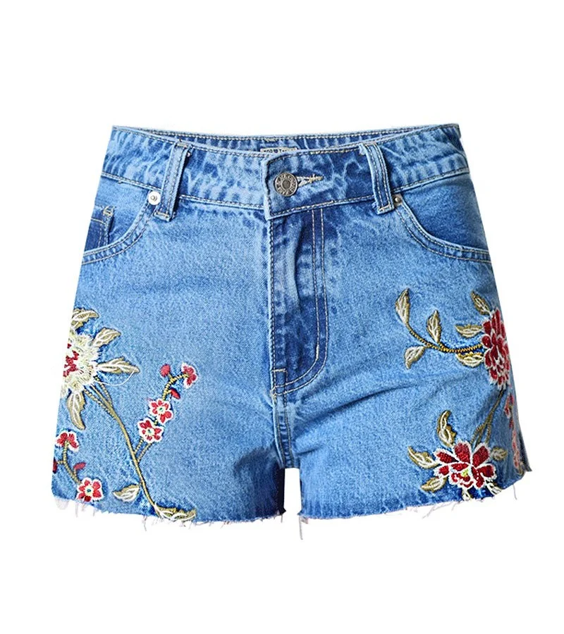 Women Fashion High-waisted Embroidery Design Denim Shorts
