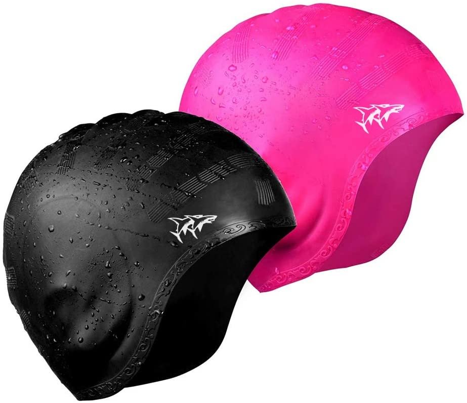 Swim Cap for Long Hair 2 Pack Thicker Design Solid Silicone Waterproof Swimming Caps for Woman Adults and Men