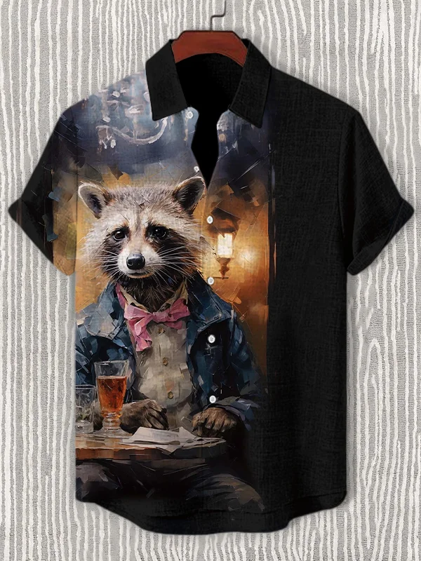 Men's Gentleman Raccoon Oil Painting Art Print Linen Blend Shirt