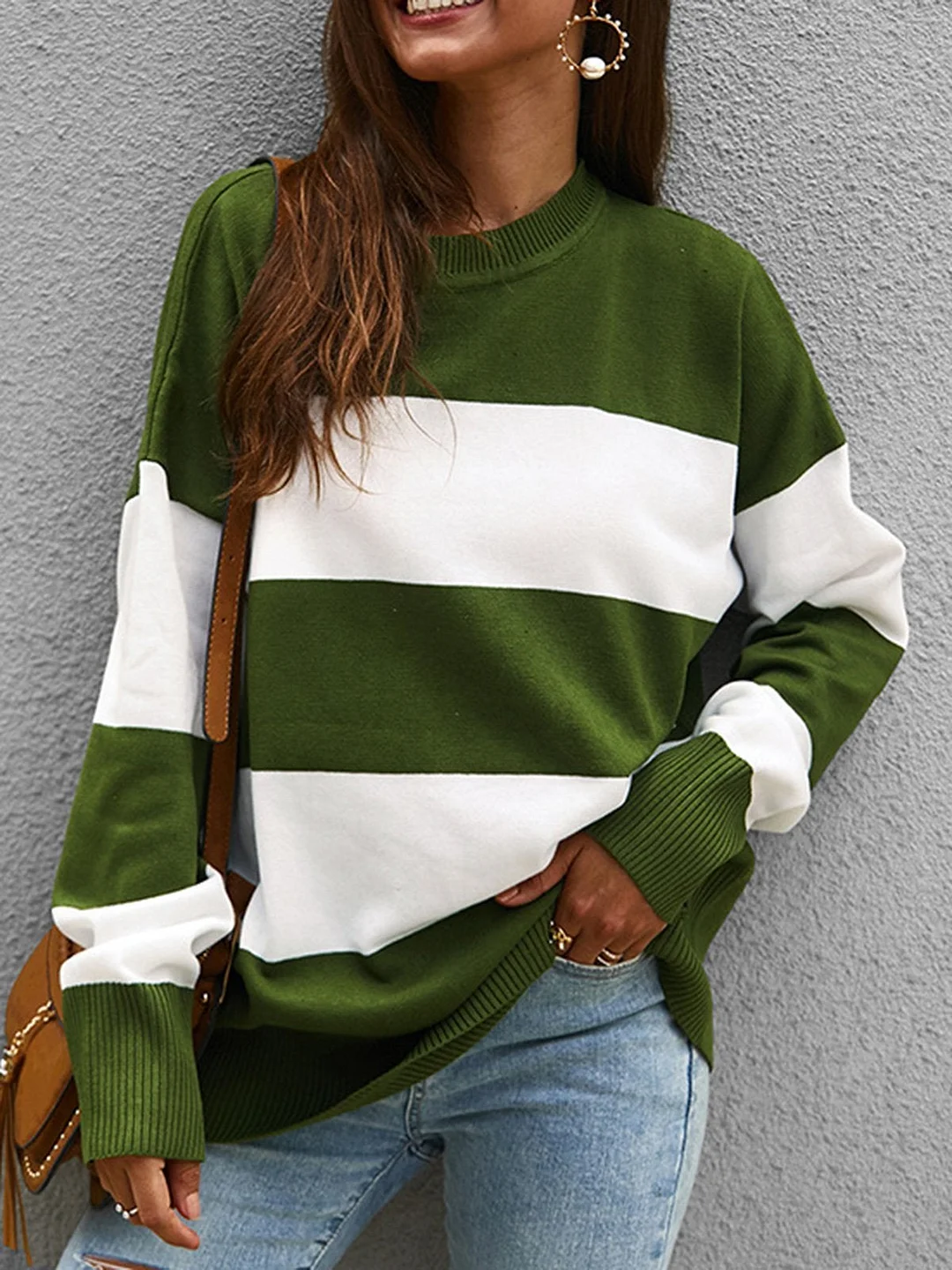Stripes Cotton-Blend Crew Neck Long Sleeve Sweater