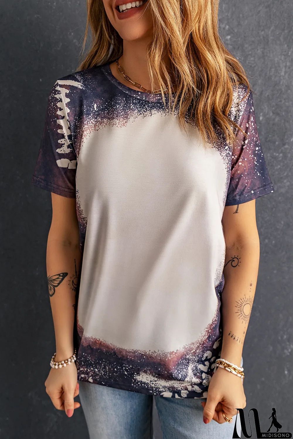 MidiSono - Blank Apparel - Multicolor Crew Neck Bleached Tie-dye Basic Tee