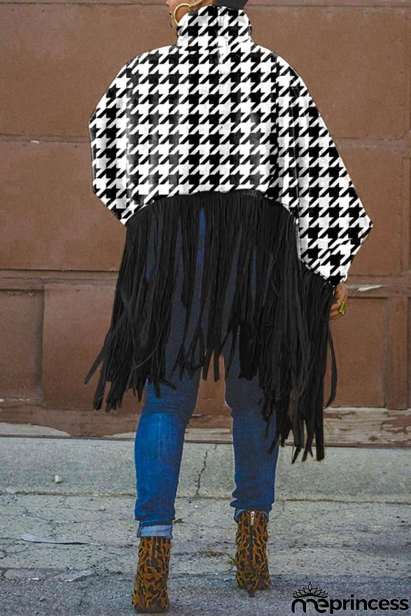 High Neck Houndstooth Tassel Cape Coat