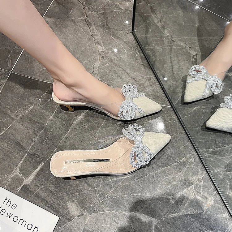 Wongn Wongn Summer New Korean Version Of The Bow Water Diamond Tip Head Half Drag High Heel Slippers Thin Heel Women's Shoes