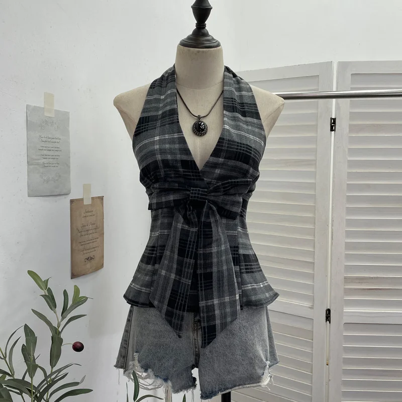 Nigikala Nigikala New Bow Design V-Neck Sexy Hanging Neck Sling Vest Sleeveless Top 9237