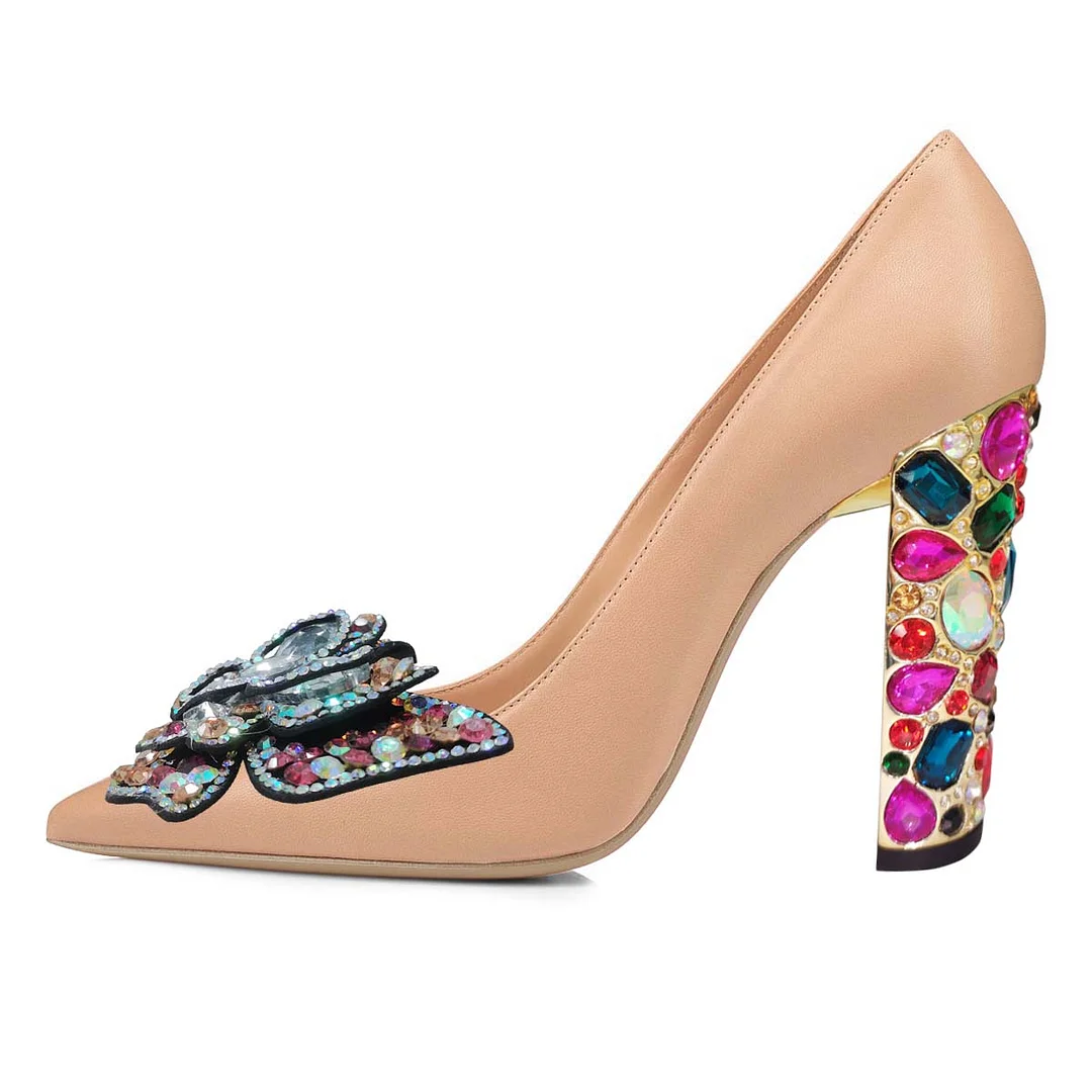 YDN Chunky Heel Jewelry Decor Pointed Toe Butterfly Nude Pumps