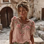 Women's Vintage Floral Embroidered Art Flowy Linen Blend Short Sleeve Casual Tops - Image 2