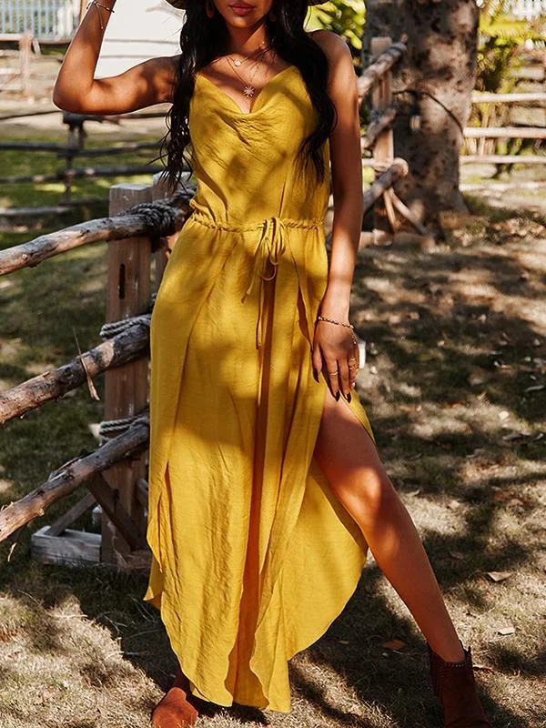 V-Neck Monofilament Slub Suspender Dress-Mayoulove