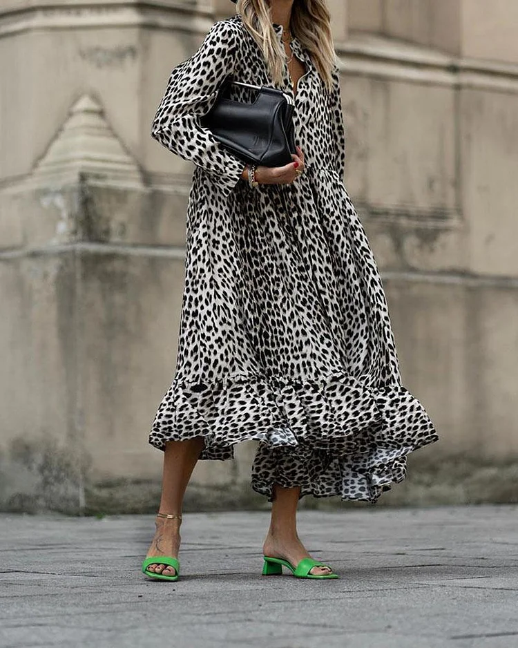 Leopard Print Long Sleeve V-neck Loose Dress