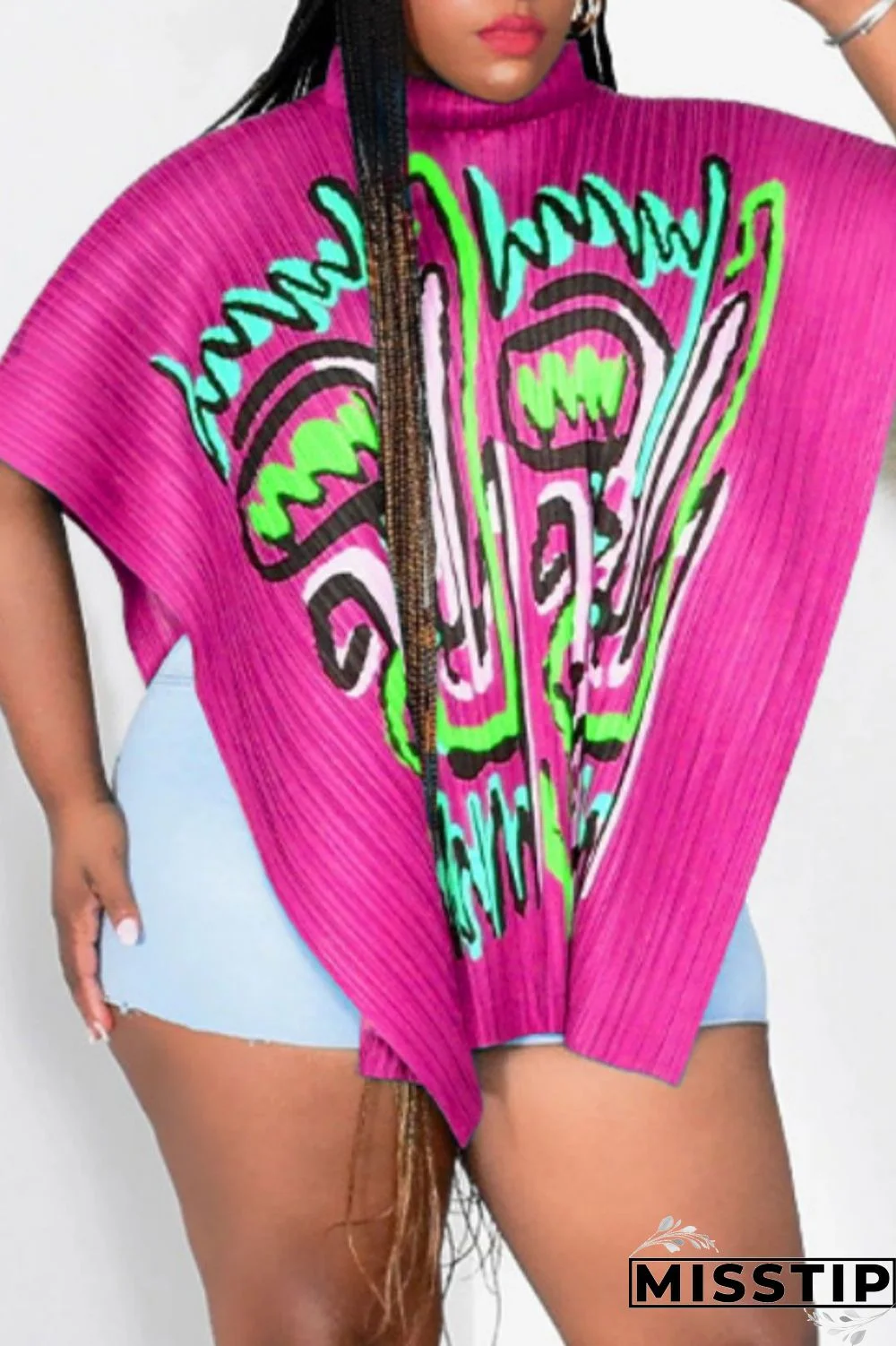 Rose Red Casual Print Asymmetrical Turtleneck Tops