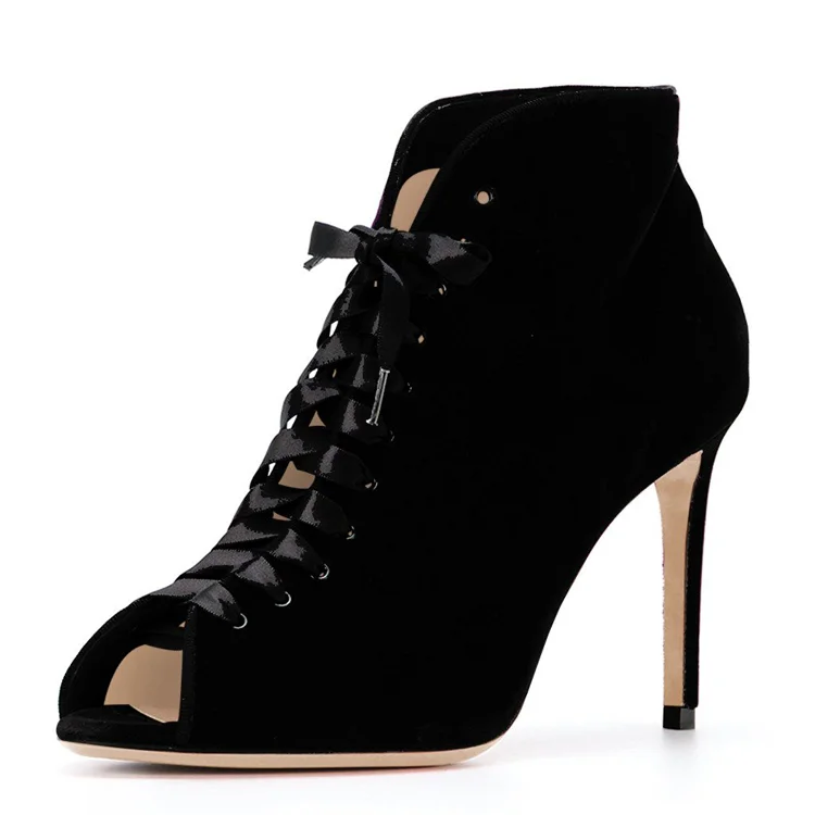 Black Ankle Boots Velvet Peep Toe Lace Up Stiletto Heel Short Boots |FSJ Shoes