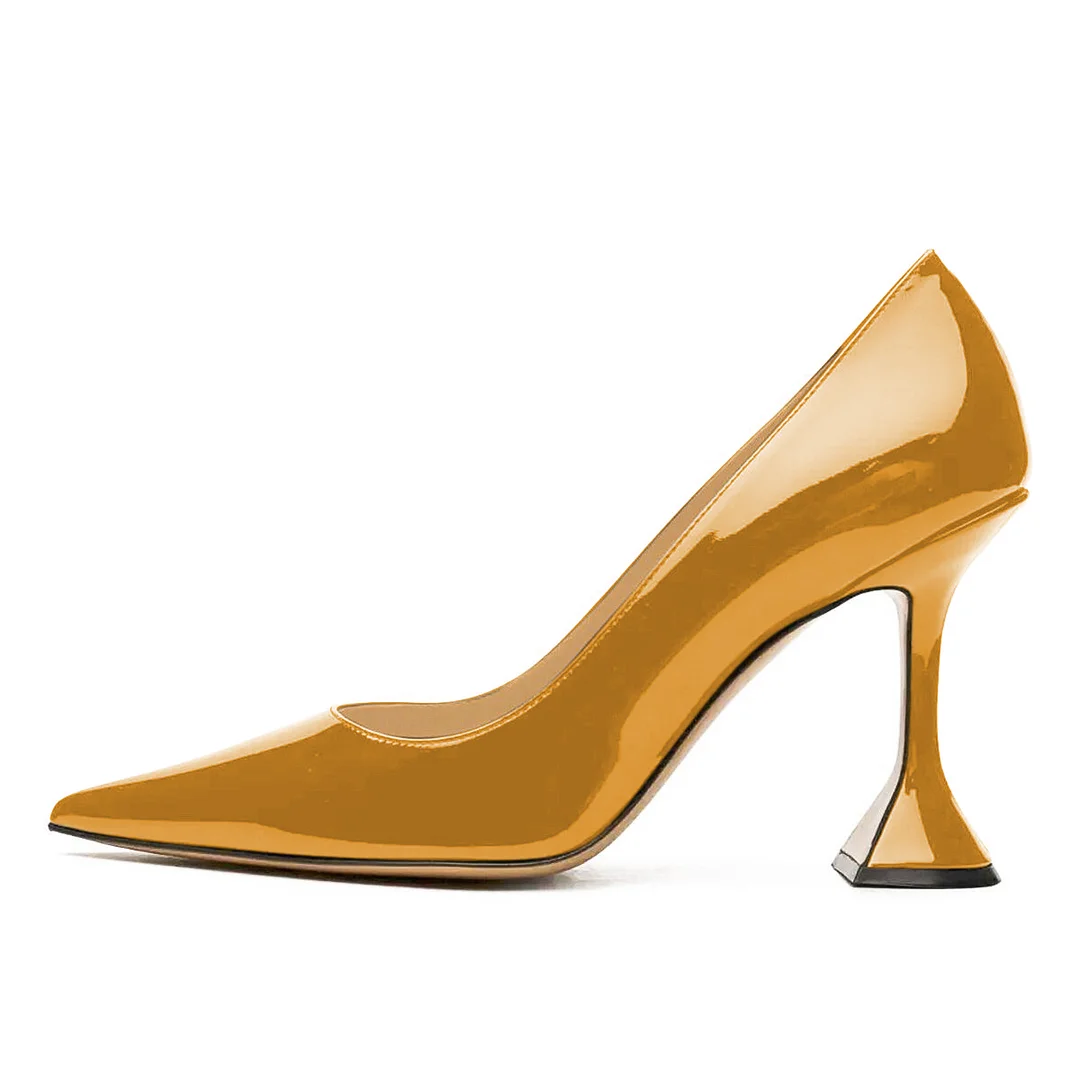 Patent Leather Pointed Toe Flared Heel Sparkling Golden Pumps