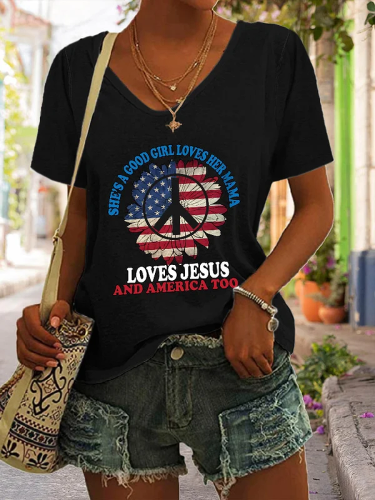 VChics V-neck Retro She's A Good Girl, Loves Her Mama Loves Jesus And America Too Print T-Shirt