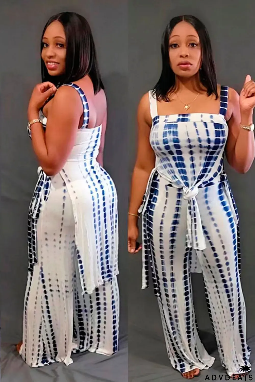 Casual Print Sling Split Top Pants Two Piece Set