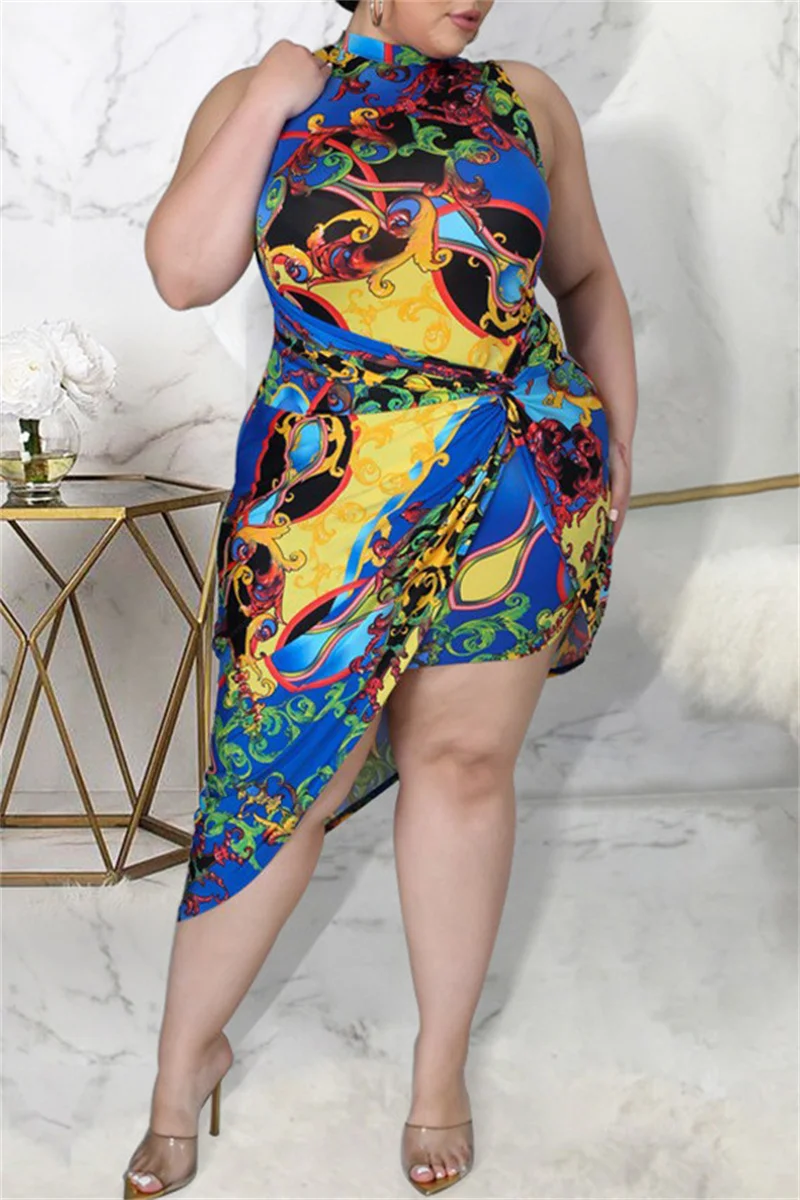 Dark Blue Fashion Sexy Plus Size Print Patchwork Half A Turtleneck Sleeveless Dress | EGEMISS